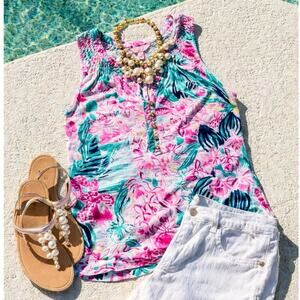 Lilly Pulitzer Essie Via Flora Top Pink Green Floral Sleeveless Smocked Size S